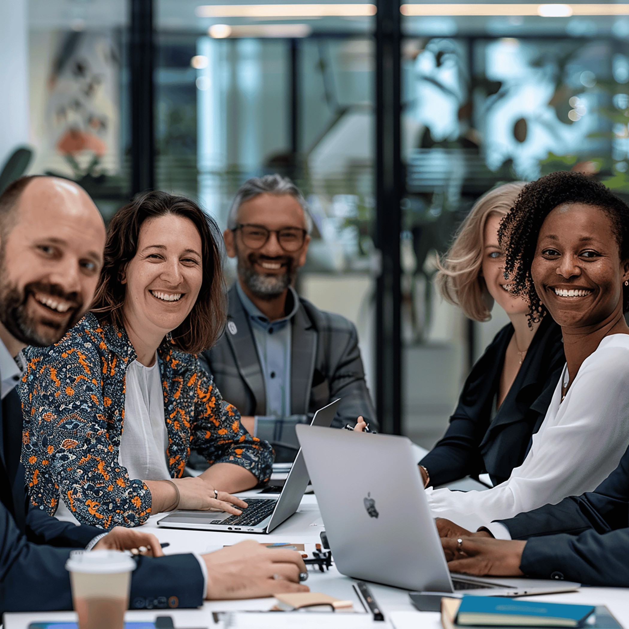 Diverse team of five smiling professionals gathered around a conference table with laptops in a bright modern office featuring large glass windows and greenery, capturing a moment of positive teamwork and workplace camaraderie.